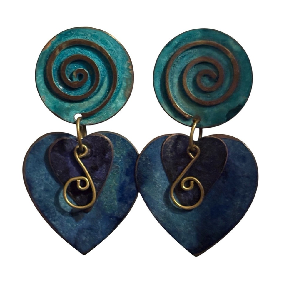 Heart Earrings Dangle Blue Green Copper Tone Layered Geometric Abstract Swirl